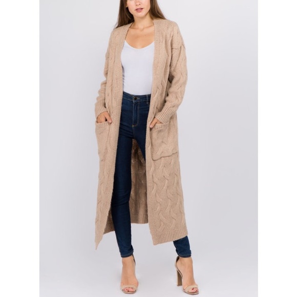 Boho Khaki Beige Chunky Cable Knit Long Cardigan Sweater Duster Coat - Picture 2 of 6